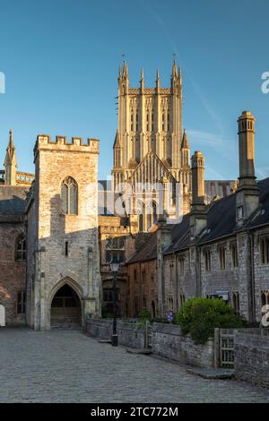 La cattedrale di Wells che torreggia sopra Vicars Row a Wells, Somerset, Inghilterra. Primavera (maggio) 2019. Foto Stock