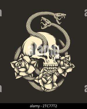 Teschio umano con serpenti e tatuaggio con incisione di fiori di rosa. Illustrazione vettoriale disegnata a mano isolata su sfondo nero. Non è stata utilizzata alcuna IA. Illustrazione Vettoriale