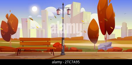 Parco pubblico autunnale della città con panchina, lanterna e alberi con foglie arancioni sullo sfondo di grattacieli. Paesaggio autunnale dei cartoni animati Illustrazione Vettoriale