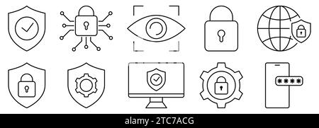 Set di icone di protezione impostato. La progettazione può essere utilizzata per applicazioni Web e mobili. Illustrazione vettoriale Illustrazione Vettoriale