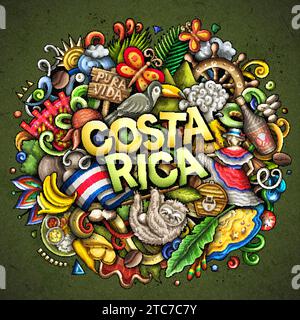 Divertente illustrazione vettoriale con tema Costa Rica. Design vivace e accattivante, che cattura l'essenza della cultura e della tradizione dell'America centrale Illustrazione Vettoriale