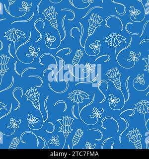 Sfondo blu con fiori bianchi nello stile art nouveau. Ripetizione senza cuciture. Illustrazione Vettoriale