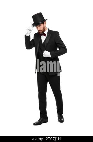 Mago in cappello su sfondo bianco Foto Stock