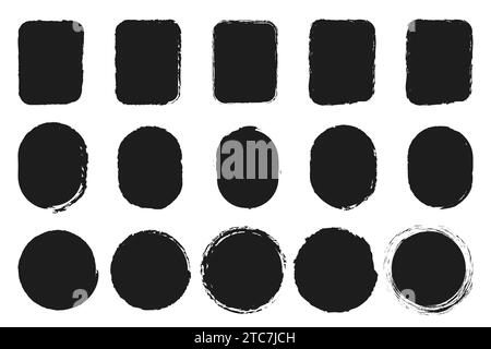 Set di cornici grunge francobolli, quadrati, sfondi ovali, pennelli decorativi silhouette vettoriali cornici adesivi Illustrazione Vettoriale