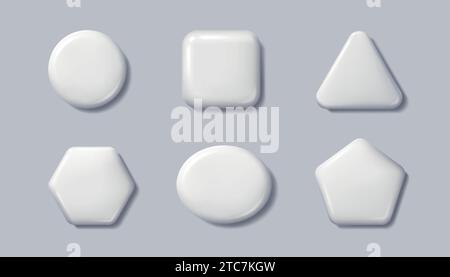Pulsanti 3D. Spilla bianca. Telaio in metallo lucido in plastica per etichetta o logo. Cartello vuoto lucido vuoto. Adesivi triangolari e circolari. Icone dell'interfaccia. Illustrazione Vettoriale