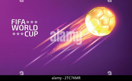 Coppa del mondo FIFA. Movimento sportivo di calcio. Banner astratto per il campionato con spazio luminoso. Golden Ball Speed Fly. Torneo di calcio. Partita di squadra. COMP Illustrazione Vettoriale