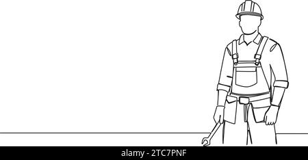 disegno continuo a linea singola di un operaio edile che indossa elmetto e chiave di bloccaggio, illustrazione vettoriale line art Illustrazione Vettoriale