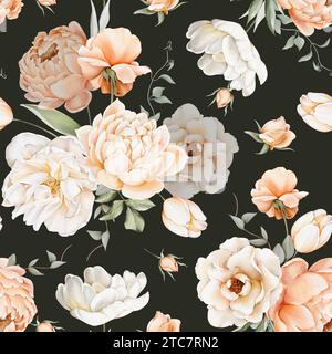 Motivo floreale ad acquerello senza cuciture con delicato colore bianco, rosa, fiori di pesca rosa, peonie, tulipani, foglie e rami verdi su sfondo nero. Per Foto Stock