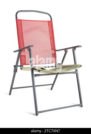 Sedia da campeggio pieghevole isolata su sfondo bianco. Vista frontale aperta Foto Stock