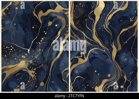 Set di moderni sfondi in marmo blu navy e oro. Illustrazione Vettoriale