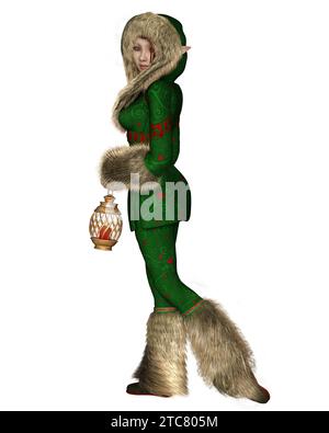 Christmas Elf Girl in costume verde e rosso Holly, vista laterale Foto Stock