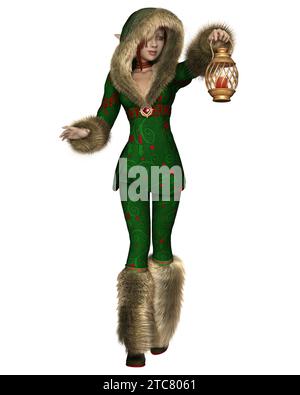 Christmas Elf Girl in Green and Red Holly outfit with Lantern Foto Stock
