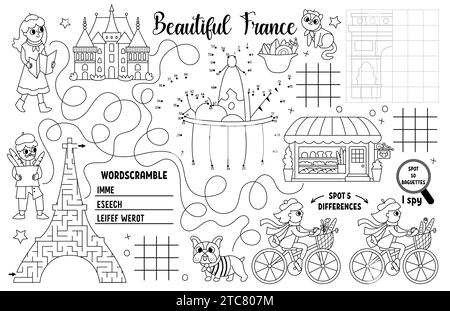 Placemat Vector France per bambini. Tappetino per attività stampabile in francese con labirinto, tabella delle dita dei piedi tac, collega i punti, trova la differenza. Bianco e nero gioca m Illustrazione Vettoriale