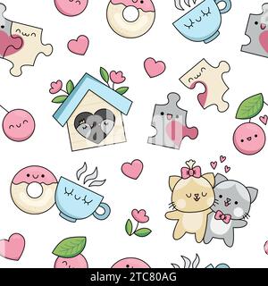 Motivo vettoriale kawaii Saint Valentine senza cuciture per bambini. Simpatico sfondo animato ripetuto con il concetto di Perfect Match. Digitale tradizionale per le vacanze d'amore p Illustrazione Vettoriale