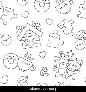 Motivo vettoriale kawaii Saint Valentine in bianco e nero senza cuciture per bambini. Simpatico sfondo a ripetizione con il concetto di Perfect Match. Amo le vacanze Illustrazione Vettoriale