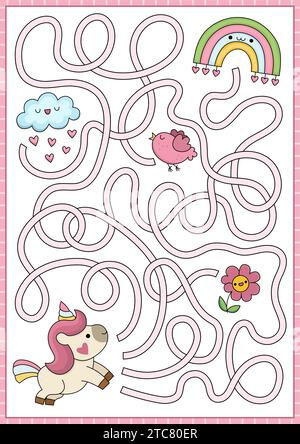 Labirinto di San Valentino per bambini. Attività stampabile con unicorno kawaii, arcobaleno, nuvola, fiore, uccello, cuori. Gioco Labyrinth o. Illustrazione Vettoriale