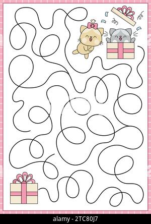 Labirinto di San Valentino per bambini. Attività stampabile Love Holiday prescolare con gatti kawaii e presenti. Labirinto gioco o puzzle con un ragazzo e una ragazza carini Illustrazione Vettoriale