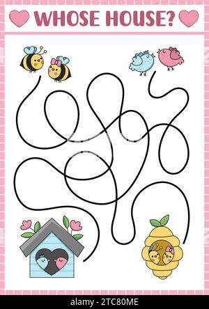 Labirinto di San Valentino per bambini. Ama l'attività di stampa in età prescolare durante le vacanze con uccelli kawaii, bombe, birdhouse, alveare. Labirinto gioco o puzzle W Illustrazione Vettoriale