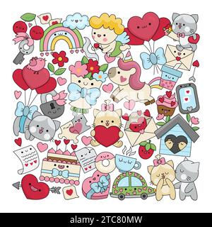 Montatura Vector Saint Valentine quadrata per bambini con personaggi kawaii. Ami l'illustrazione delle vacanze con simpatici cupido, unicorno, gatti, cuori, fiori Illustrazione Vettoriale