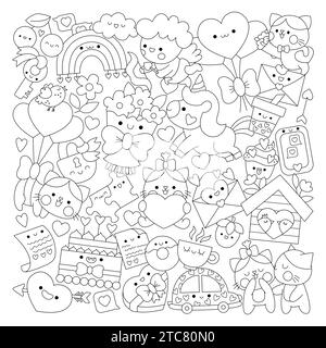 Pagina da colorare Vector Saint Valentine con linee quadrate per bambini con simpatici personaggi kawaii. Illustrazione in bianco e nero per le vacanze d'amore con divertente tazza Illustrazione Vettoriale