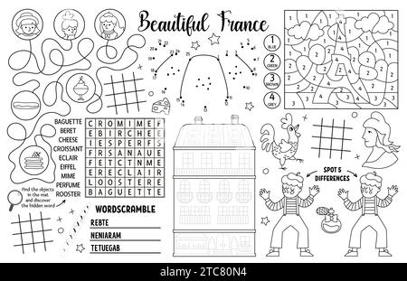 Placemat Vector France per bambini. Tappetino per attività stampabile in francese con labirinto, tabella delle dita dei piedi tac, collega i punti, trova la differenza. Bianco e nero gioca m Illustrazione Vettoriale