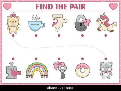 Attività di abbinamento San Valentino per bambini con coppie di kawaii. Divertente rompicapo per le vacanze con gatti carini, tazza, ciambella, unicorno, arcobaleno, serratura, chiave. Illustrazione Vettoriale