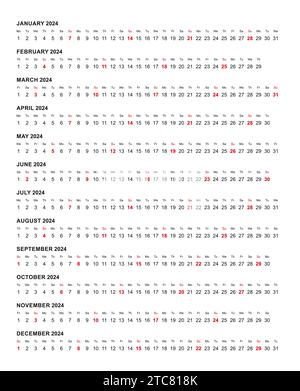 Modello di calendario orizzontale semplice anno 2024, illustrazione vettoriale. Illustrazione Vettoriale