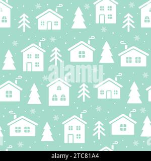 Modello senza cuciture con case natalizie e abeti d'inverno. Sfondo natalizio. Illustrazione vettoriale felice anno nuovo. Illustrazione Vettoriale