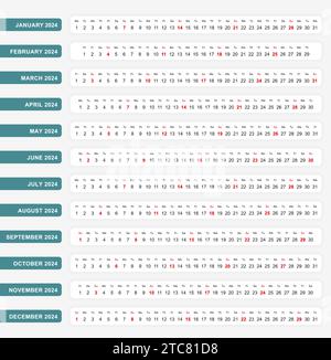 Calendario orizzontale a una riga 2024, modello di calendario a una riga per la progettazione. Modello vettoriale. Illustrazione Vettoriale