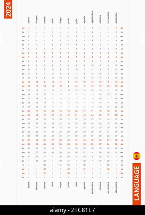 Spagnolo calendario verticale a una riga 2024, domenica primo giorno della settimana. Calendario vettoriale in spagnolo. Illustrazione Vettoriale