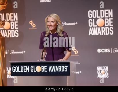 Beverly Hills, California, USA. 11 dicembre 2023. Il presidente della Hollywood Foreign Press Association Helen Hoehne presenta il 81° annuncio annuale delle nomination al Golden Globe Award al Beverly Hilton di Beverly Hills, California, lunedì 11 dicembre 2023. Foto di Greg Grudt/UPI Credit: UPI/Alamy Live News Credit: UPI/Alamy Live News Foto Stock