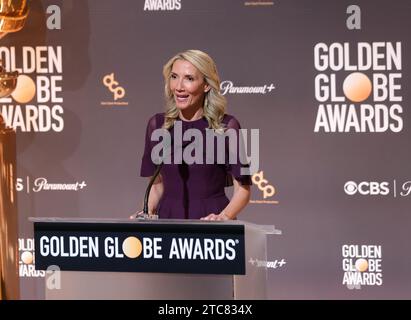 Beverly Hills, California, USA. 11 dicembre 2023. Il presidente della Hollywood Foreign Press Association Helen Hoehne presenta il 81° annuncio annuale delle nomination al Golden Globe Award al Beverly Hilton di Beverly Hills, California, lunedì 11 dicembre 2023. Foto di Greg Grudt/UPI Credit: UPI/Alamy Live News Credit: UPI/Alamy Live News Foto Stock