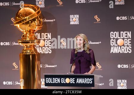 Beverly Hills, California, USA. 11 dicembre 2023. Il presidente della Hollywood Foreign Press Association Helen Hoehne presenta il 81° annuncio annuale delle nomination al Golden Globe Award al Beverly Hilton di Beverly Hills, California, lunedì 11 dicembre 2023. Foto di Greg Grudt/UPI Credit: UPI/Alamy Live News Credit: UPI/Alamy Live News Foto Stock