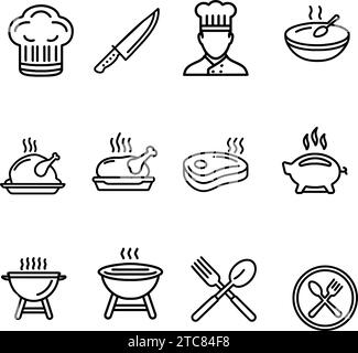 Cucina, ristorante, deliziosa cucina, set di icone per grigliate Illustrazione Vettoriale