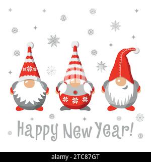 Illustrazione Vector Scandinavian Christmas Gnomes. Set carino isolato su bianco. Personaggi dei cartoni animati. Design natalizio per decorazioni natalizie, biglietti d'auguri Illustrazione Vettoriale