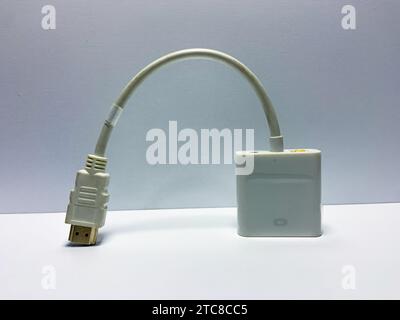 Cavo convertitore HDMI-VGA bianco su sfondo bianco isolato Foto Stock