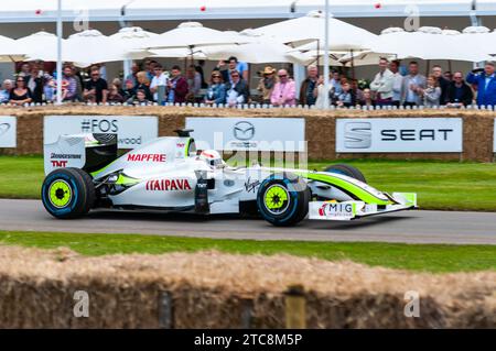 Brawn BGP 001, Formula 1 classica, gare di auto da corsa Grand Prix in salita al Goodwood Festival of Speed, Regno Unito, 2016 Foto Stock