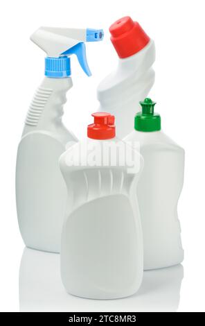 Quattro bottiglie per la pulizia Foto Stock