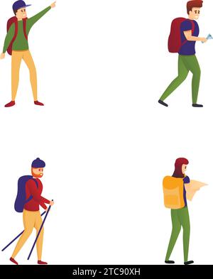 Icone uomo escursionistico set vettoriale di cartoni animati. L'uomo con bastone e zaino va a fare escursioni. Concetto di attività all'aperto Illustrazione Vettoriale
