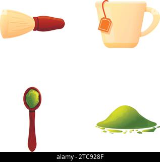 Le icone del tè Matcha impostano il vettore dei cartoni animati. Chasen, chashaku e tazza da tè. Bevanda tradizionale Illustrazione Vettoriale