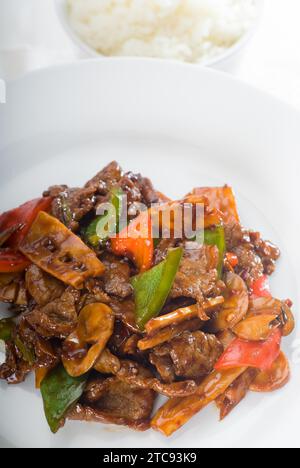 Piatto tipico cinese, mescola di manzo fresco fritto con germogli di bambù e funghi Foto Stock