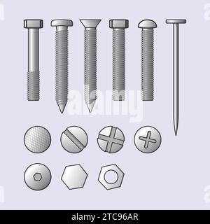 Icona Set di bulloni con dado a vite icona Vector Illustration Engineer Screw Illustrazione Vettoriale