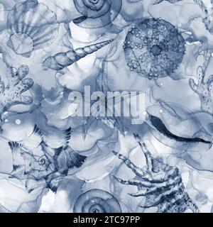 Astratto inchiostro alcolico liquido conchiglia di mare sfondo contemporaneo. Tinte fluide blu navy disegnate a mano macchie di conchiglie, schizzi elementi motivo senza cuciture. Stampa Foto Stock