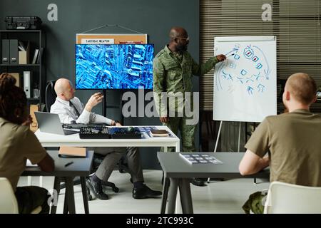 Giovane soldato afroamericano in uniforme mimetica che punta alla lavagna mentre spiega il disegno di tattiche militari Foto Stock