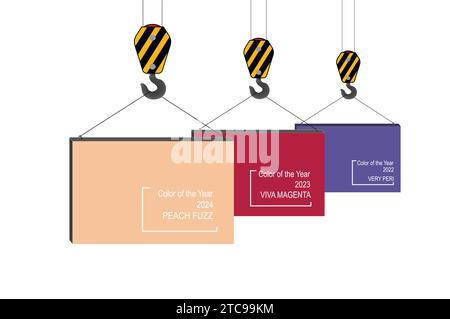 Colori alla moda degli ultimi anni. La gru solleva blocchi con striscioni dai colori più trendy. Illustrazione Vettoriale
