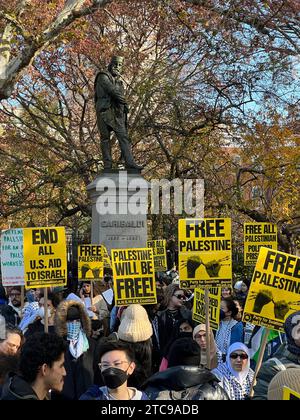 Raduno pro-palestinese tenutosi il Black Friday a New York per protestare contro il sostegno e la complicità degli Stati Uniti al bombardamento israeliano di Gaza, uccidendo indiscriminatamente migliaia di civili dopo l'attacco di Hamas a Israele del 7 ottobre 2023. Foto Stock