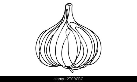 Aglio in stile disegno a linee continue. Schizzo lineare minimalista nero a bulbo d'aglio isolato su sfondo bianco. Illustrazione vettoriale. Illustrazione Vettoriale