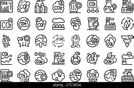 Le icone di gestione del carbonio definiscono il vettore. Grafico di riduzione aziendale. Tabella delle emissioni Illustrazione Vettoriale