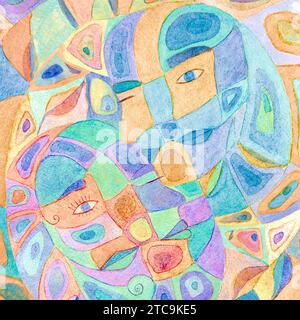 Sfondo multicolore simbolico astratto acquerello. Motivo a macchie di colore calme disegnate a mano. Astrazione acquerello. Uomo, donna, armonia yin e yang. S Foto Stock