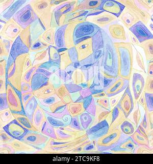 Sfondo multicolore simbolico astratto acquerello. Tinte calme disegnate a mano motivo senza cuciture. Astrazione acquerello. Uomo, donna, yin e yang h Foto Stock